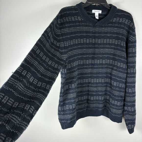 Calvin Klein Men’s Pullover Sweater Knit Sz L Gray Black Geo Print Grandpacore - Picture 2 of 7
